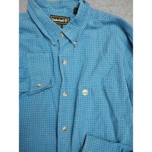 Timberland Mens XL Blue White Micro Grid Plaid Long Sleeve Button Down Shirt